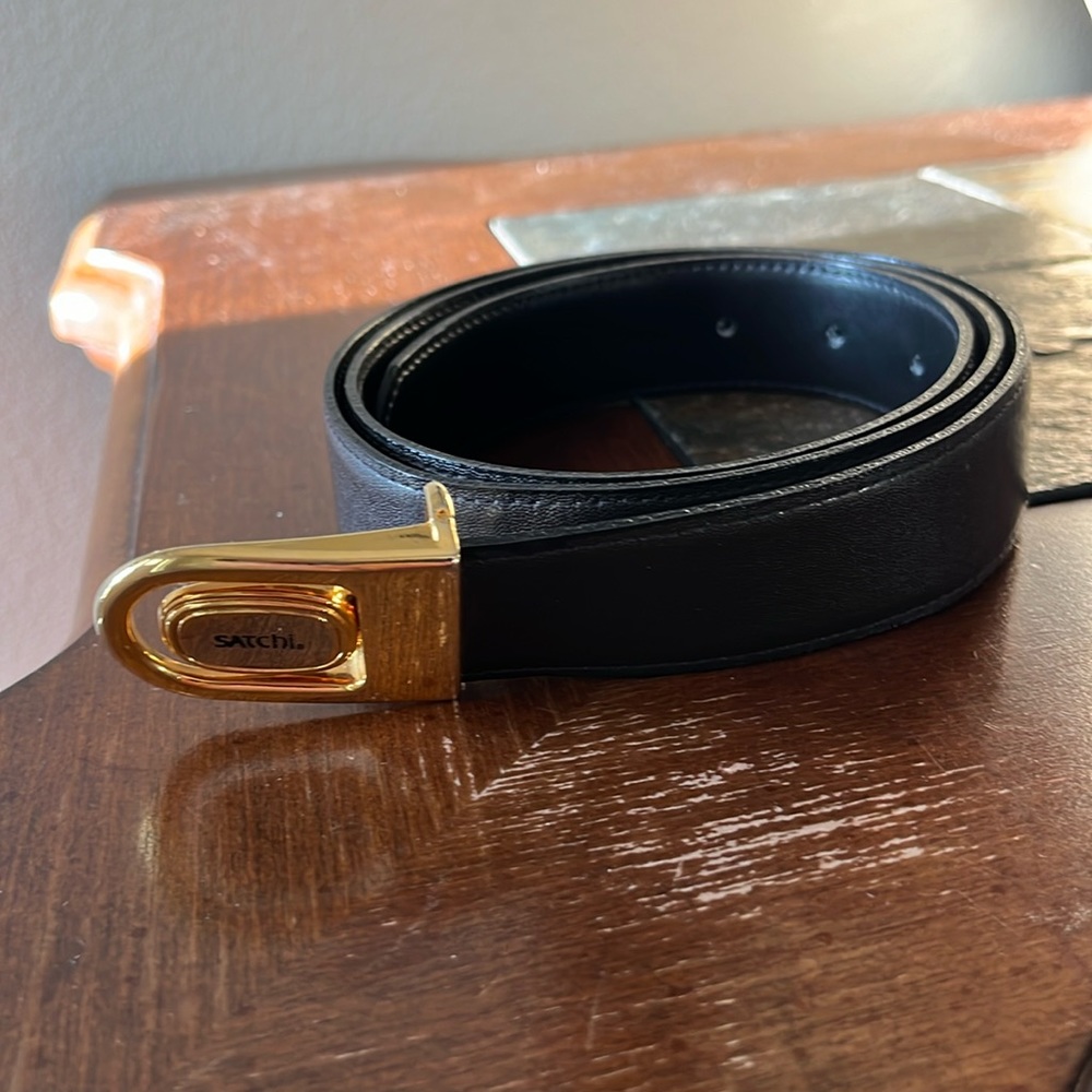 Satchi genuine Italian leather womens belt sz 36 logo buckle two tone/brown belt